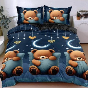 Lenjerie pat dublu cu Elastic, bumbac satinat, Albastru, ursuleti