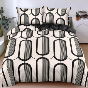 Lenjerie pat dublu cu Elastic, bumbac satinat, Crem, Negru, abstract