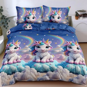 Lenjerie pat dublu cu Elastic, bumbac satinat, Albastru, unicorni Lenjerie pat dublu cu Elastic, bumbac satinat, Albastru, unicorni