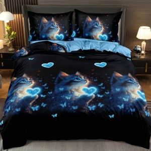 Lenjerie pat dublu cu Elastic, bumbac satinat, Albastru, Negru, pisicute cu inimioare