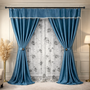 Set 3 metri de 2 bucati de Draperie BlackOut, Pearls, 150cm latime x 270cm înălțime, cu rejansa pt sina, Albastru cu Sclipici