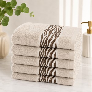 Set 5 prosoape medii, Waves, 50x90cm, din 100% bumbac pakistanez,  460g, Bej
