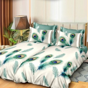 Lenjerie de pat cu 2 cearsafuri pt. pilota, 7 piese, Bumbac Satinat Superior,, Crem, Verde, pene de paun