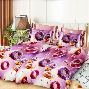 Lenjerie de pat cu 2 cearsafuri pt. pilota, 7 piese, Bumbac Satinat Superior,, Roz, donuts