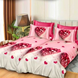 Lenjerie de pat cu 2 cearsafuri pt. pilota, 7 piese, Bumbac Satinat Superior, Alb, Roz, inimioare