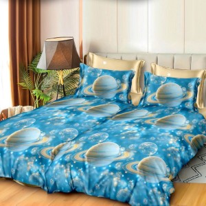 Lenjerie de pat cu 2 cearsafuri pt. pilota, 7 piese, Bumbac Satinat Superior, Albastru, planete