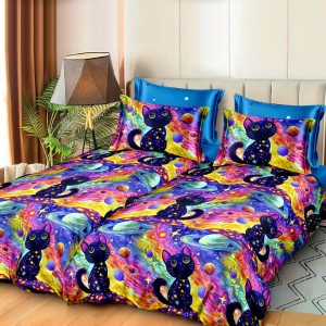 Lenjerie de pat cu 2 cearsafuri pt. pilota, 7 piese, Bumbac Satinat Superior, Mov, Albastru, Roz, pisicute si planete