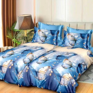 Lenjerie de pat cu 2 cearsafuri pt. pilota, 7 piese, Bumbac Satinat Superior, Albastru, fluturi