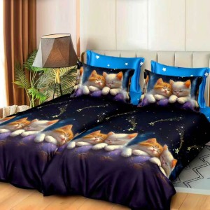 Lenjerie de pat cu 2 cearsafuri pt. pilota, 7 piese, Bumbac Satinat Superior, Negru, pisicute