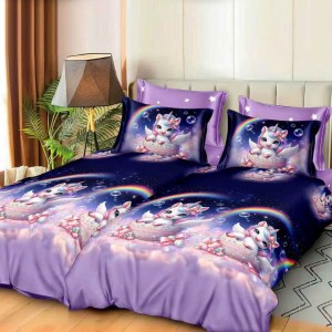 Lenjerie de pat cu 2 cearsafuri pt. pilota, 7 piese, Bumbac Satinat Superior, Albastru, unicorni