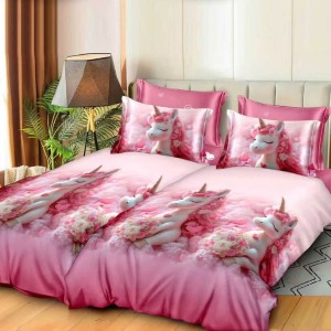 Lenjerie de pat cu 2 cearsafuri pt. pilota, 7 piese, Bumbac Satinat Superior, Roz, unicorni