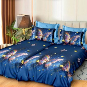 Lenjerie de pat cu 2 cearsafuri pt. pilota, 7 piese, Bumbac Satinat Superior, Albastru, fluturi