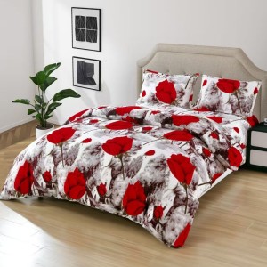 Lenjerie pat dublu, Super Pufoasa COCOLINO,cu ELASTIC, 4 piese, Alb, Gri, Trandafiri