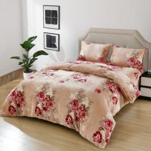 Lenjerie pat dublu, Super Pufoasa COCOLINO,cu ELASTIC, 4 piese, Bej, Flori