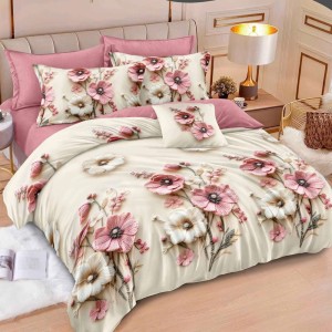 Lenjerie pat dublu, Finet, 6 piese, Crem, Roz, flori