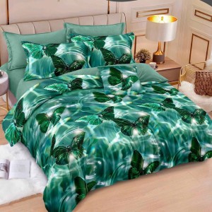 Lenjerie pat dublu, Finet, 6 piese, Verde, fluturi