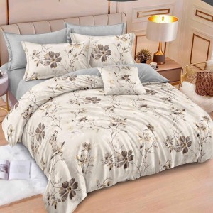 Lenjerie pat dublu, Finet, 6 piese, Gri, Bej, floricele