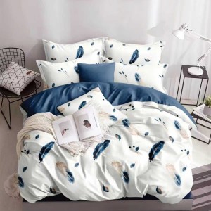 Lenjerie pat dublu, bumbac satinat, 4 piese, Alb, Albastru, pene, fulgi