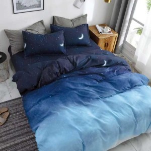 Lenjerie pat dublu, bumbac satinat, 4 piese, Albastru, stelute