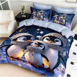 Lenjerie pat dublu cu Elastic,  FINET, 5D Digital Print, Craciun, Albastru, pinguini