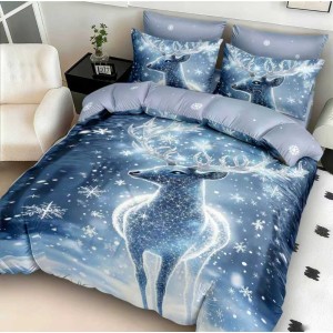 Lenjerie pat dublu cu Elastic,  FINET, 5D Digital Print, Craciun, Albastru, ren in zapada