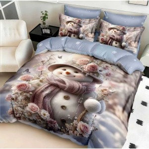Lenjerie pat dublu,  FINET, Digital Print, Craciun, Albastru, Om de Zapada