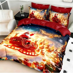 Lenjerie pat dublu cu Elastic,  FINET, 5D Digital Print, Craciun, Rosu, Galben, Mos Craciun in sanie