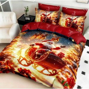 Lenjerie pat dublu cu Elastic,  FINET, 5D Digital Print, Craciun, Rosu, Galben, Sania cu Mos Craciun