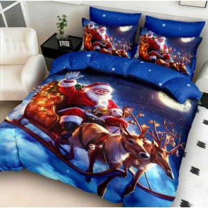 Lenjerie pat dublu cu Elastic,  FINET, 5D Digital Print, Craciun, Albastru, Mos Craciun in sanie