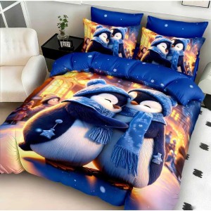 Lenjerie pat dublu cu Elastic,  FINET, 5D Digital Print, Craciun, Albastru, Pinguini desene