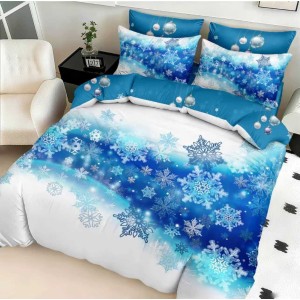 Lenjerie pat dublu cu Elastic,  FINET, 5D Digital Print, Craciun, Albastru, Alb, fulgi de nea