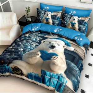 Lenjerie pat dublu cu Elastic,  FINET, 5D Digital Print, Craciun, Albastru, Ursul Polar