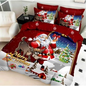 Lenjerie pat dublu cu Elastic,  FINET, 5D Digital Print, Craciun, Rosu, Mos Craciun clasic