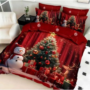 Lenjerie pat dublu cu Elastic,  FINET, 5D Digital Print, Craciun, Rosu, Brad de Craciun