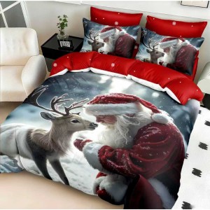 Lenjerie pat dublu cu Elastic,  FINET, 5D Digital Print, Craciun, Rosu, Gri, Mos Craciun si renul