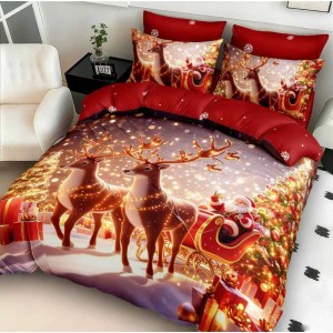 Lenjerie pat dublu cu Elastic,  FINET, 5D Digital Print, Craciun, Rosu, Auriu, Mos Craciun in sanie