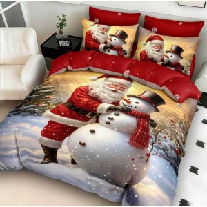 Lenjerie pat dublu cu Elastic,  FINET, 5D Digital Print, Craciun, Rosu, Mos Craciun si omul de zapada