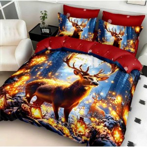 Lenjerie pat dublu cu Elastic,  FINET, 5D Digital Print, Craciun, Rosu, Albastru, renul regal
