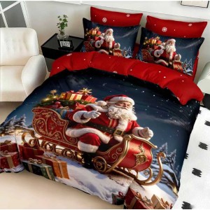 Lenjerie pat dublu cu Elastic,  FINET, 5D Digital Print, Craciun, Rosu, Bleumarin, Mos Craciun in sania cu cadouri