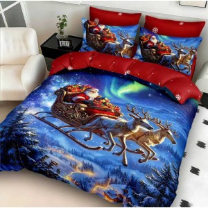 Lenjerie pat dublu cu Elastic,  FINET, 5D Digital Print, Craciun, Rosu, Albastru, Mos Craciun si Aurora Boreala