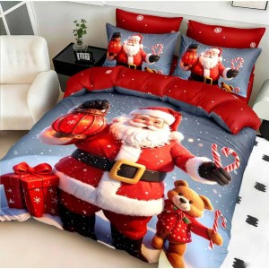 Lenjerie pat dublu cu Elastic,  FINET, 5D Digital Print, Craciun, Rosu, Gri, Mos Craciun si ursuletul