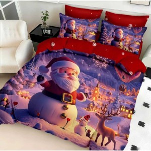 Lenjerie pat dublu cu Elastic,  FINET, 5D Digital Print, Craciun, Mov, om de zapada