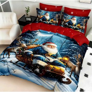 Lenjerie pat dublu cu Elastic,  FINET, 5D Digital Print, Craciun, Rosu, Albastru, Mos Craciun in padure