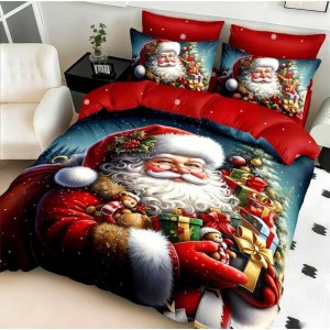 Lenjerie pat dublu cu Elastic,  FINET, 5D Digital Print, Craciun, Rosu, Albastru, Mos Craciun clasic