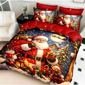 Lenjerie pat dublu cu Elastic,  FINET, 5D Digital Print, Craciun, Rosu, Albastru, Mos Craciun elegant