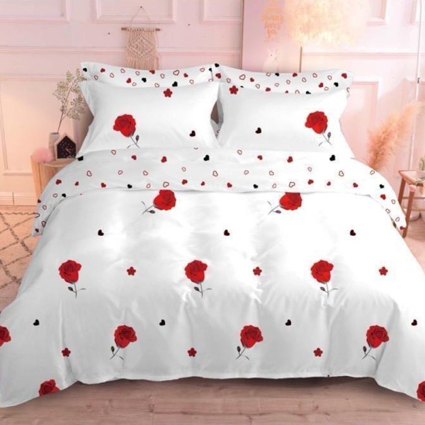 Lenjerie pat dublu (140x200cm, 160x200cm, 180x200cm), FINET, 6 piese, Alb, flori [1]