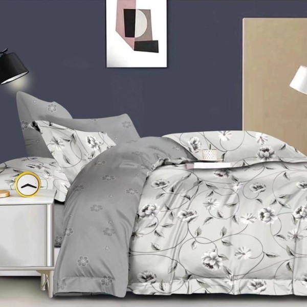Lenjerie pat dublu (140x200cm, 160x200cm, 180x200cm), FINET, 6 piese, Gri, flori [1]