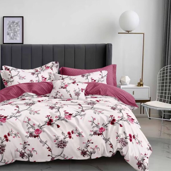 Lenjerie pat dublu (140x200cm, 160x200cm, 180x200cm), FINET, 6 piese, Bordo, roz, flori [1]