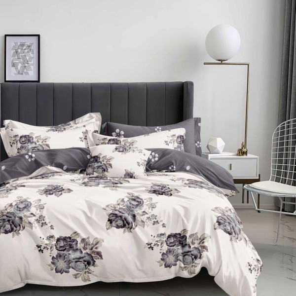 Lenjerie pat dublu (140x200cm, 160x200cm, 180x200cm), FINET, 6 piese, Gri, flori [1]