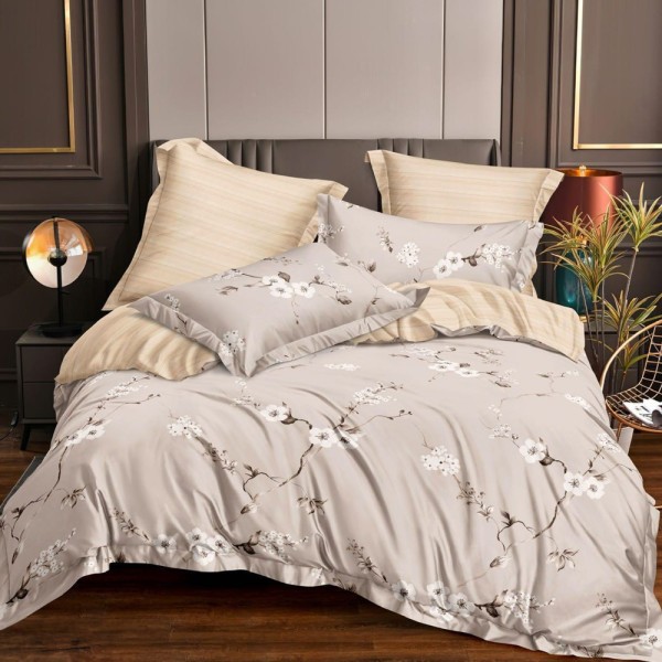 Lenjerie pat dublu (140x200cm, 160x200cm, 180x200cm), FINET, 6 piese, Bej, flori [1]